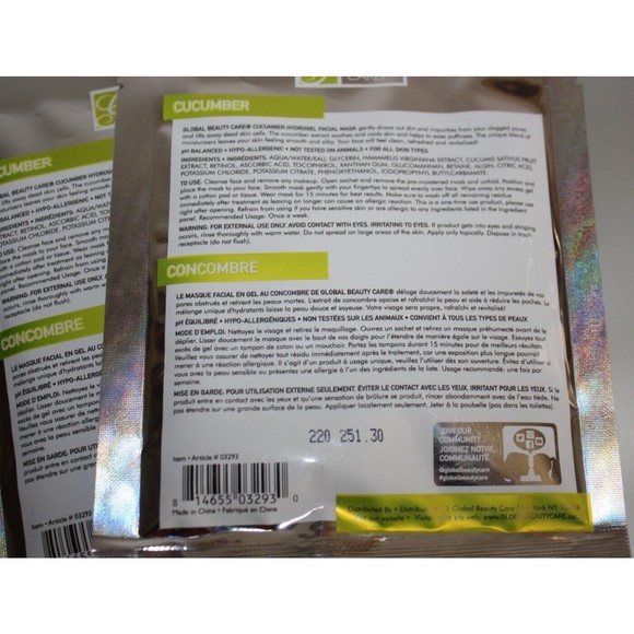 2 Cucumber Hydrogel Facial Masks with Vitamins A, C, E Global Beauty Care New - Picture 4 of 4